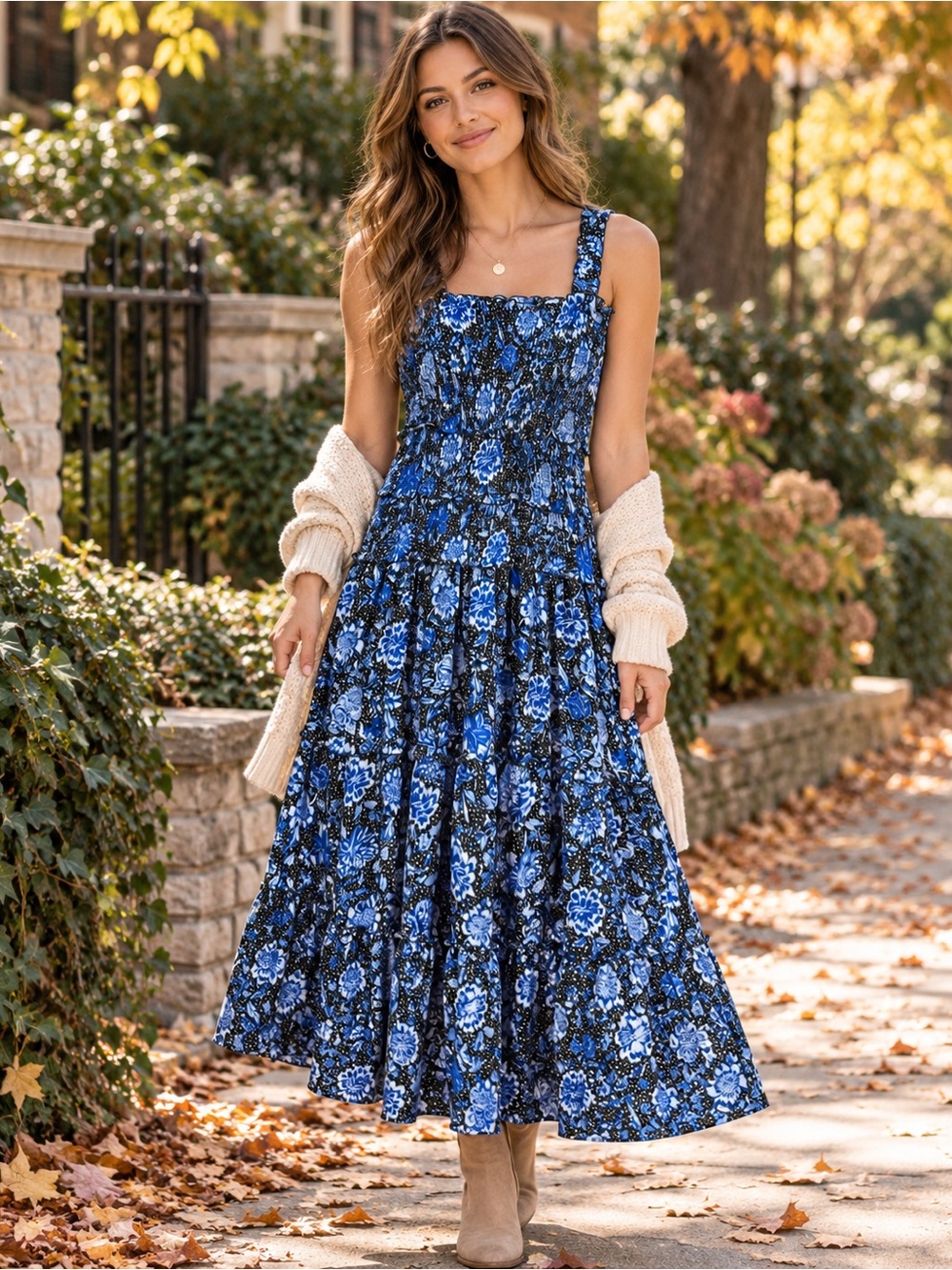 ME+EM Blue Floral Cotton Knit Elastic Smocked Midi Maxi Dress Cottagecore  Sz 2